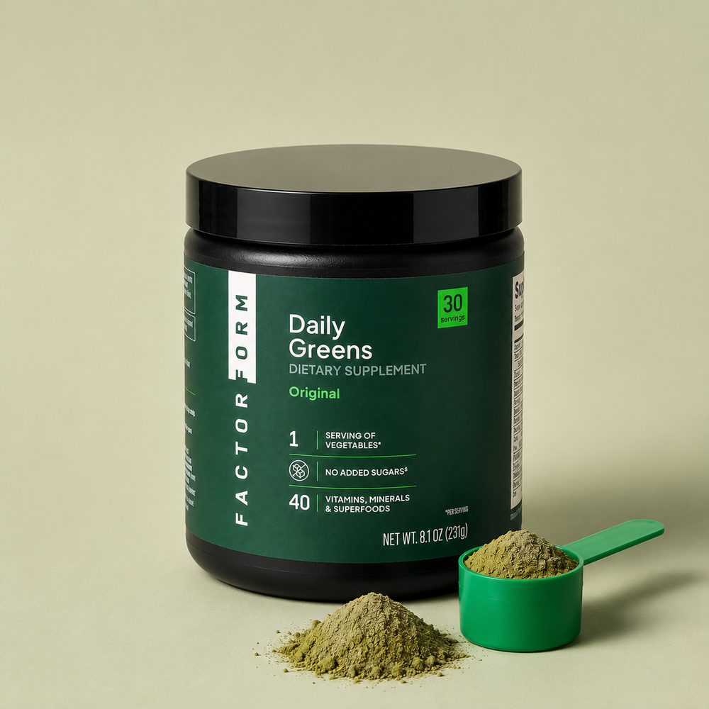 Factor Form Daily Greens jar with scoop