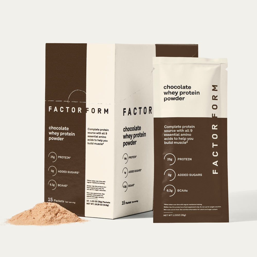 Factor Form chocolate whey protein powder packaging on a white background