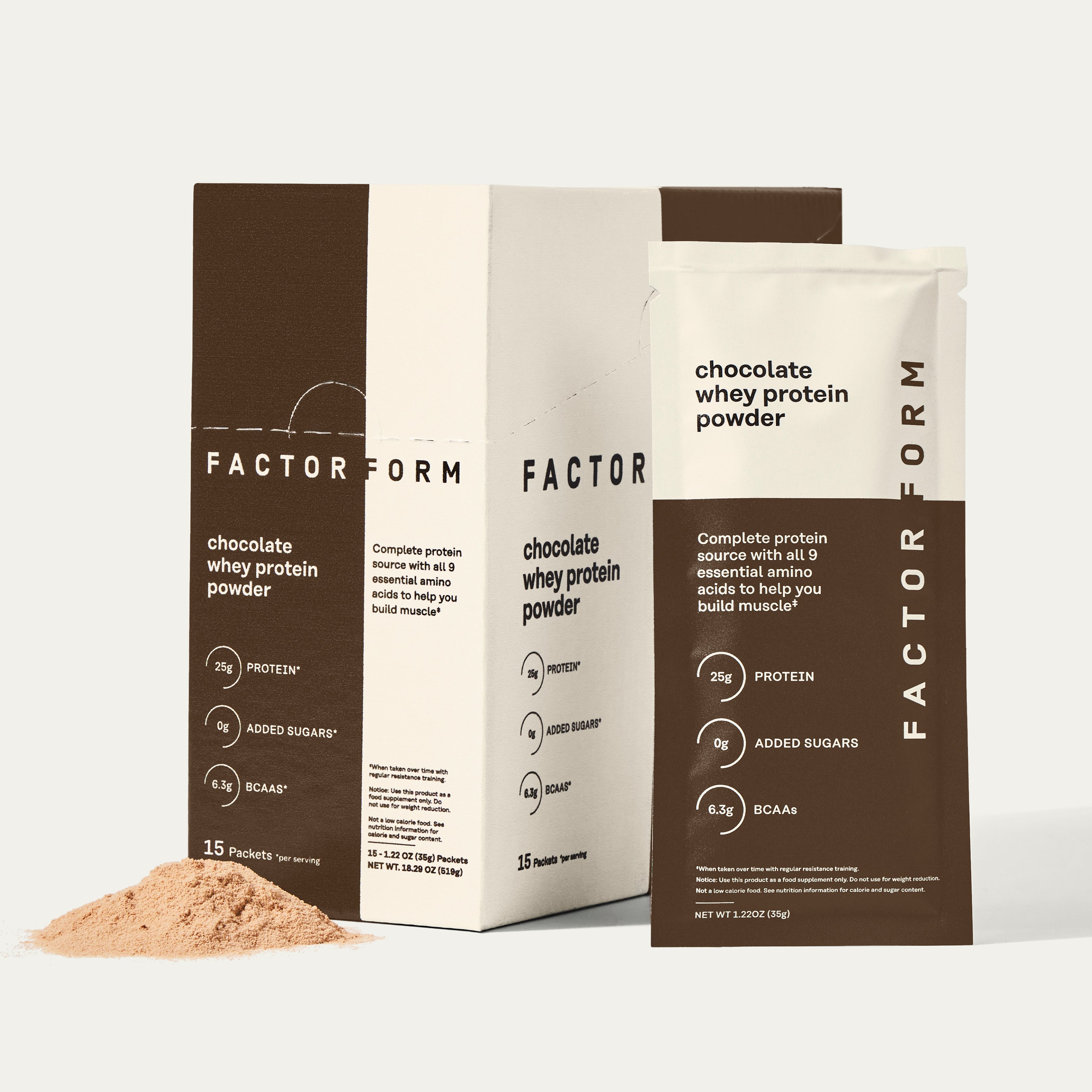 Factor Form chocolate whey protein powder packaging on a white background