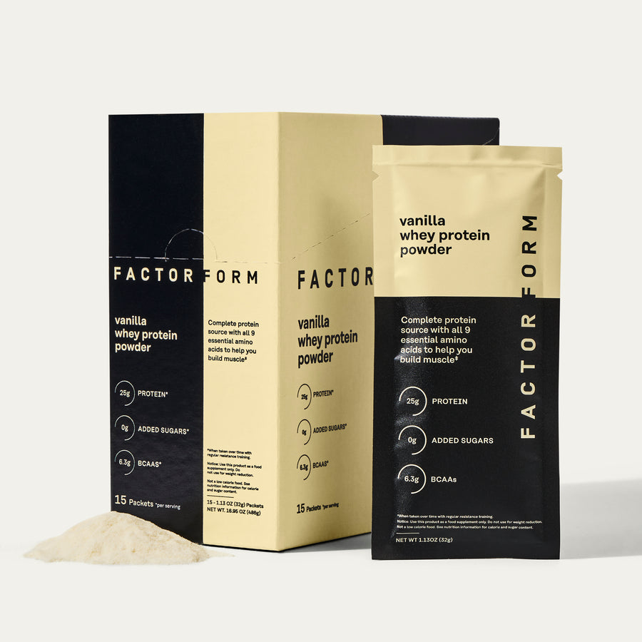Factor Form vanilla whey protein powder packaging on a white background