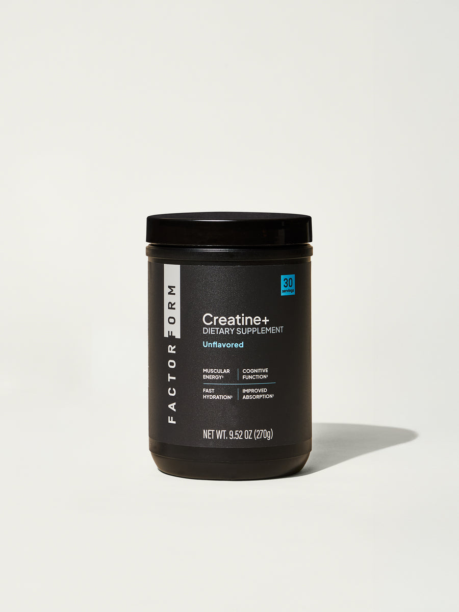 Black supplement container labeled 'Creatine+' by Factor Form on a white background
