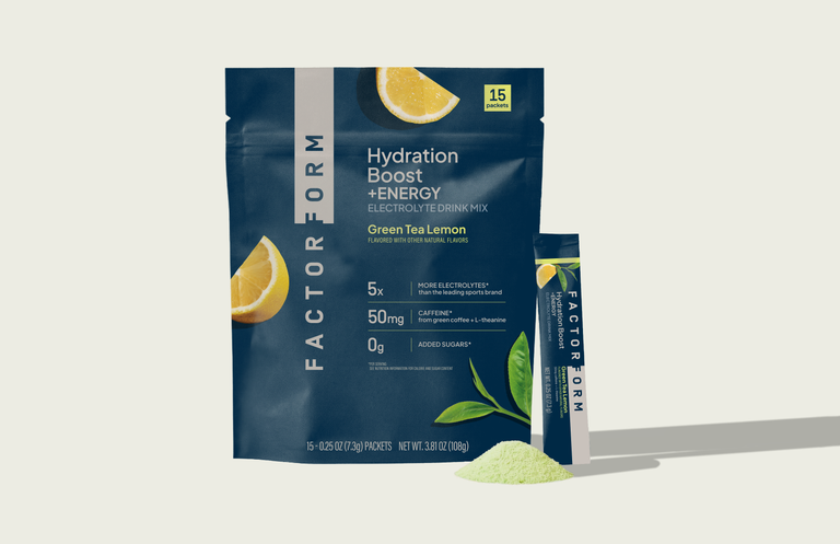 Factor Form Hydration Boost electrolyte drink mix. Green tea lemon flavor.