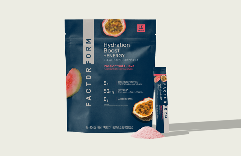 Factor Form Hydration Boost +Energy electrolyte drink mix. Passionfruit guava flavor.